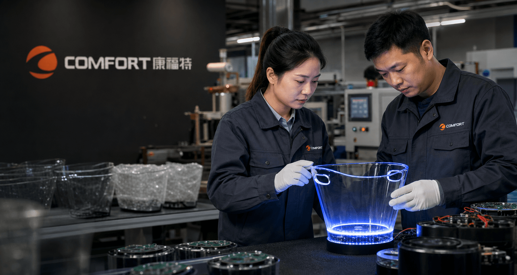 Comfort factory team inspecting custom LED ice buckets